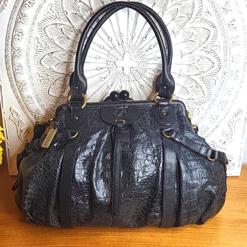 EUC Lockheart Kiss lock Blackish Grey Croco Embossed Bag, W/Adjustable Strap